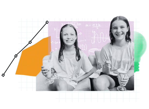two smiling Prisma students holding books with colorful abstract shapes in background